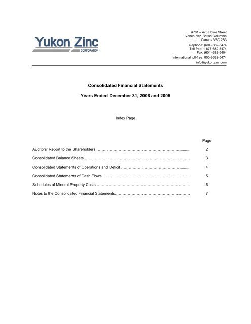 YUKON ZINC CORPORATION