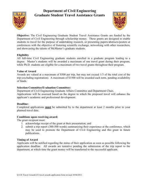 Civil Engineering Graduate Student Travel Grant Application