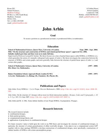 John Arhin - Resume - Marlboro College