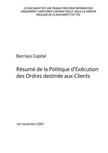Résumé de la Politique d'Exécution des Ordres ... - Barclays Capital