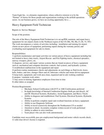 Heavy Equipment Field Technician - Team Eagle Ltd.