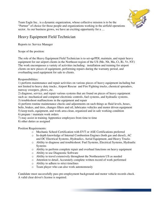 Heavy Equipment Field Technician - Team Eagle Ltd.