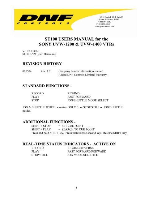 ST100 USERS MANUAL for the SONY UVW-1200 ... - DNF Controls