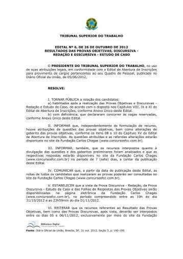 tribunal superior do trabalho edital nÂº 6, de 26 de outubro de 2012 ...