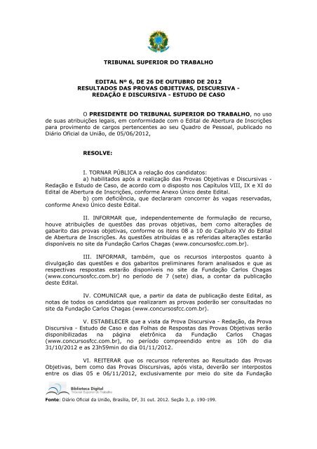 tribunal superior do trabalho edital nÂº 6, de 26 de outubro de 2012 ...