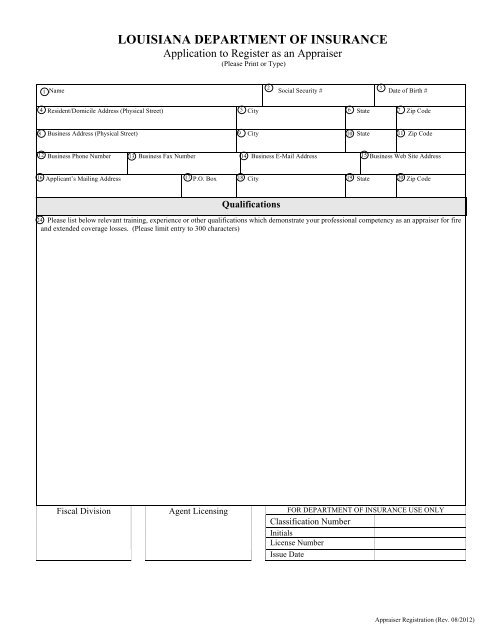 Appraiser Registration Form - Louisiana Department of Insurance
