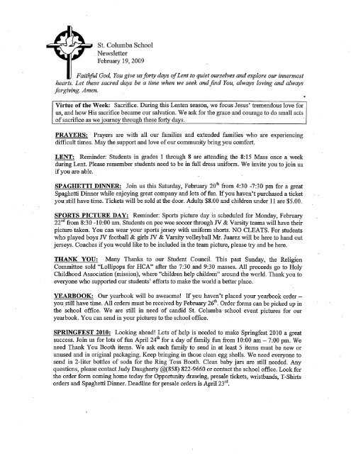 St. Columba School Newsletter February 19, 2009 Faithful God, You ...