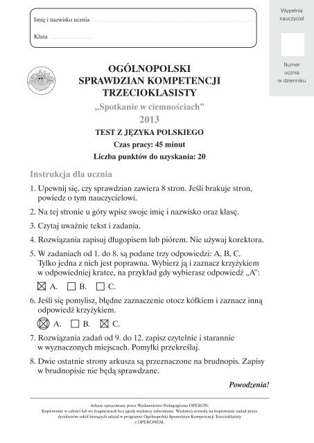 ogÃ³lnopolski sprawdzian kompetencji trzecioklasisty 2013 - Polska