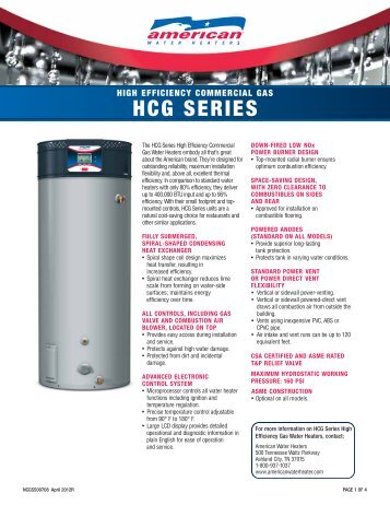 Specifications - American Water Heaters