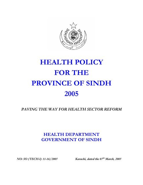 HEALTH POLICY FOR THE PROVINCE OF SINDH 2005 - Finance ...