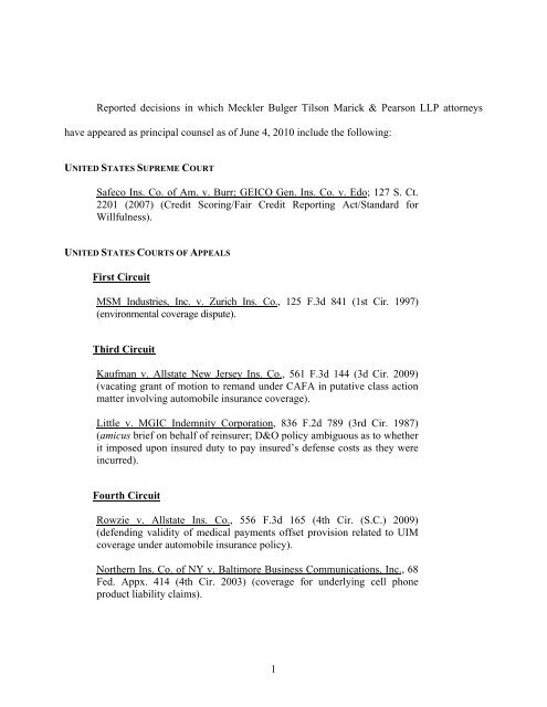 MBT's reported insurance coverage cases. - Meckler Bulger Tilson ...