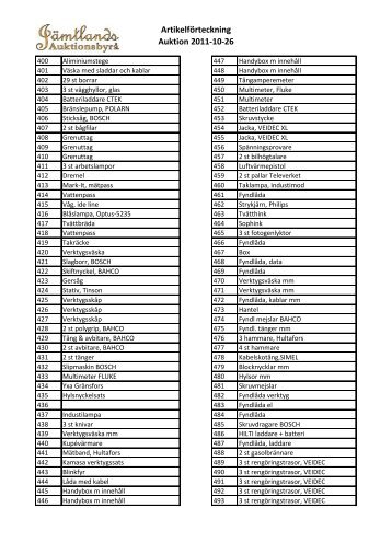 Artikelförteckning Auktion 2011-10-26