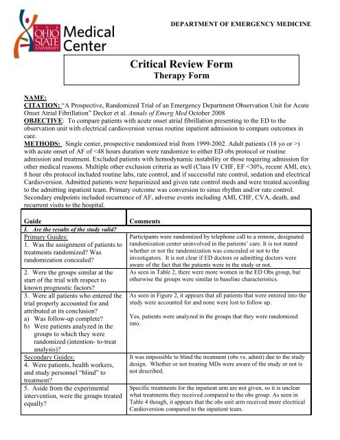 Critical Review Form - Department of Emergency Medicine : The ...