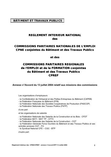 BTP - annexe Ã  l'accord sur les missions des CPNE et CPREF