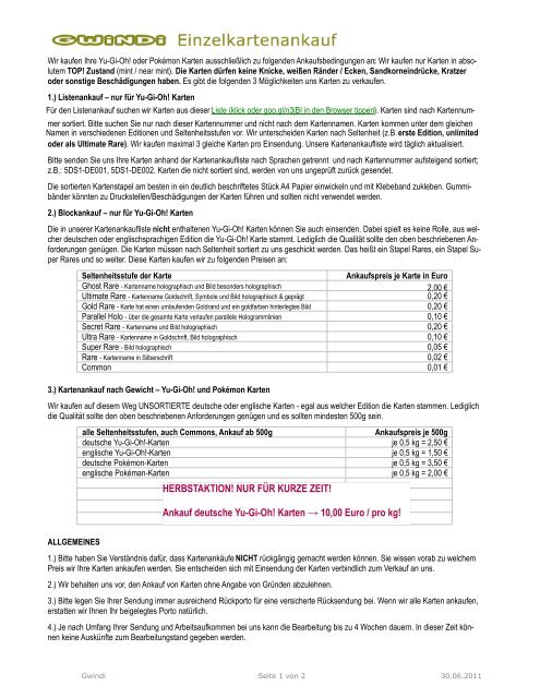 Kartenankaufliste - GWINDI GmbH