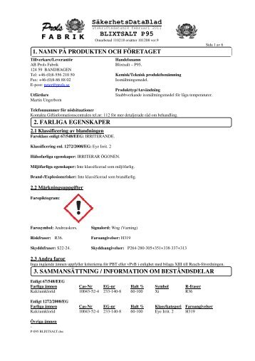 SÃ¤kerhetsDataBlad BLIXTSALT P95 - Swedol