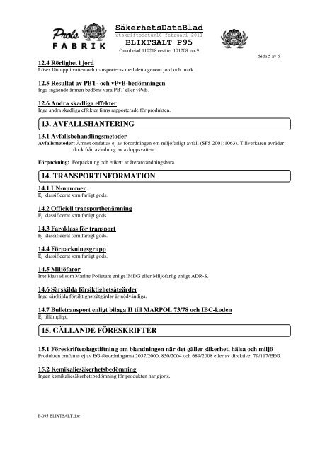 SÃ¤kerhetsDataBlad BLIXTSALT P95 - Swedol
