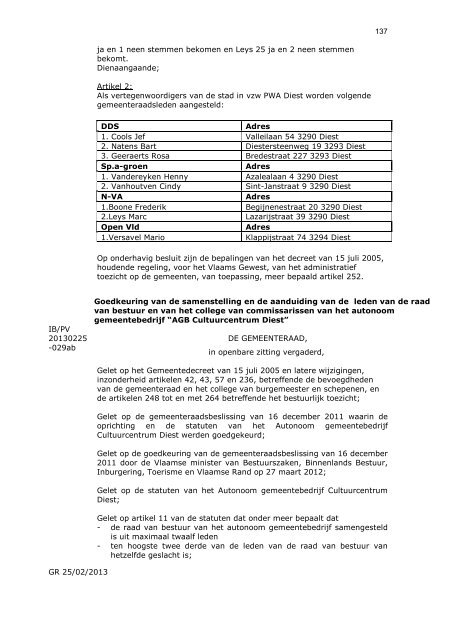 73 GR 25/02/2013 PROCES-VERBAAL DER ZITTING ... - Groen Diest