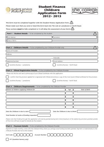Student Finance Childcare Application Form 2012- 2013 - The ...