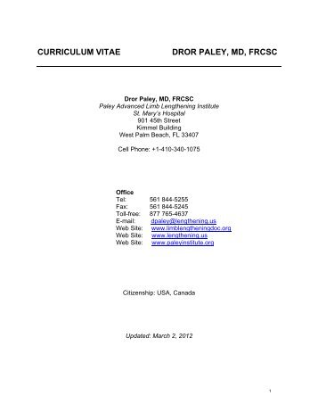 curriculum vitae dror paley, md, frcsc - Dror Paley, MD"Lengthening ...