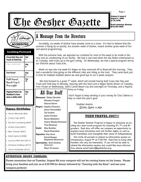 Issue 6 - August 4, 2006 - Gesher Summer Camp