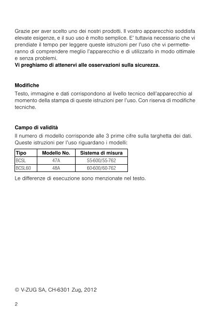 Forno Combair SL Istruzioni per l'uso - V-ZUG Ltd