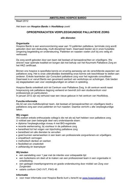 Tekst vacature oproepkrachten verpleegkundige palliatieve zorg ...