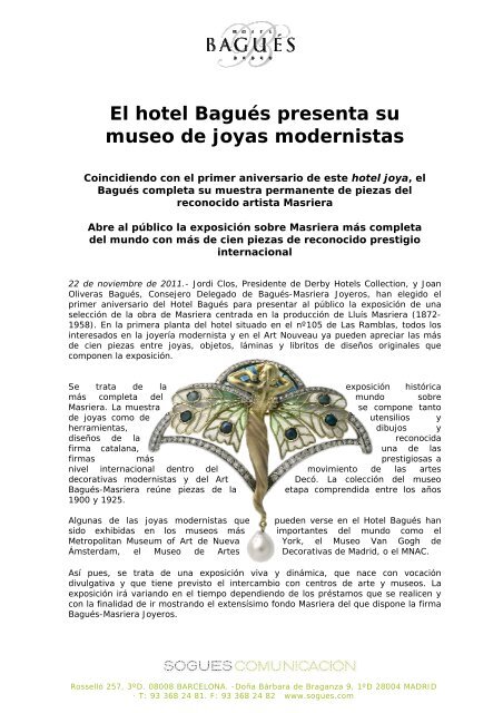 El hotel BaguÃ©s presenta su museo de joyas modernistas - Sogues ...