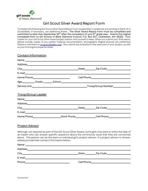 Girl Scout Silver Award Report Form - Girl Scouts of Black Diamond