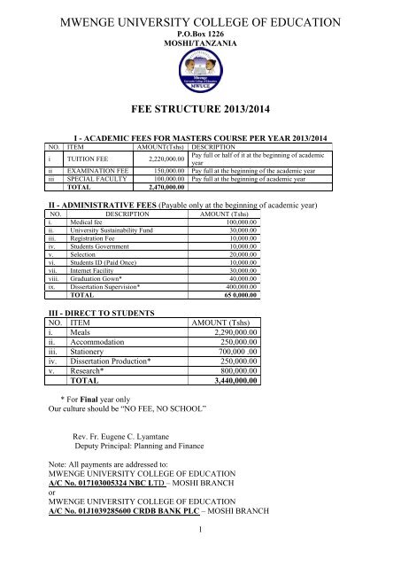 Fee Structure 2013/14 - Masters Degree - MWUCE