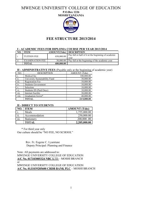 Fee Structure 2013/14 - Certificate - MWUCE