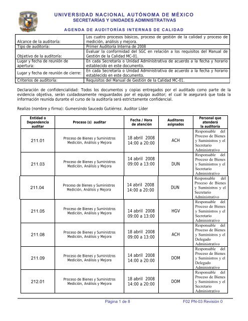 Agenda primera auditoría interna 2008 - Dirección General de ...