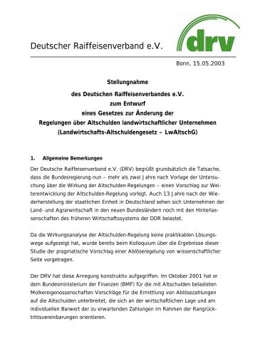 Stellungnahme zum Entwurf des Landwirtschafts-Altschuldengesetzes