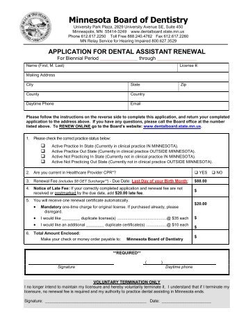 application for dentist license renewal - Minnesota Board of Dentistry