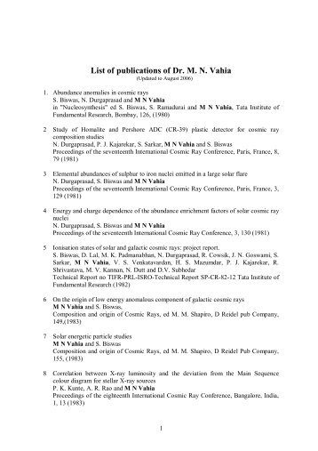 List of publications of Dr. M. N. Vahia - Tata Institute of Fundamental ...