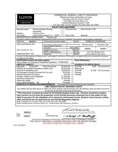 COMMERCIAL GENERAL LIABILITY INSURANCE POLICY COMMERCIAL GENERAL LIABILITY INSURANCE POLICY