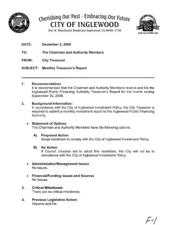 Monthly Treasurer's Report for the month ending ... - City of Inglewood