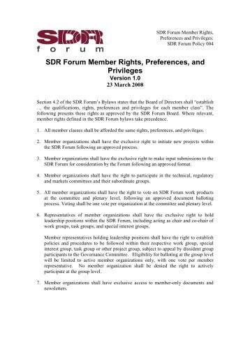 Member Benefits Policy - SDR Forum