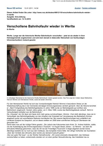 Verschollene Bahnhofsuhr wieder in Werlte - Heimatverein  Werlte