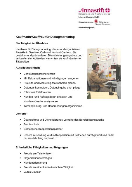 Kaufmann/Kauffrau fÃ¼r Dialogmarketing - Berufsbildungswerk