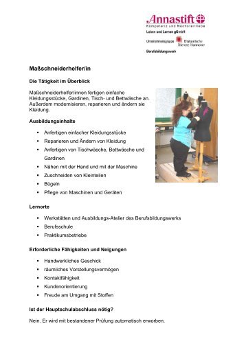 MaÃschneiderhelfer/in - Berufsbildungswerk