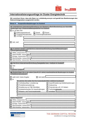 Fragebogen zur Internationalisierung - Cluster Energietechnik