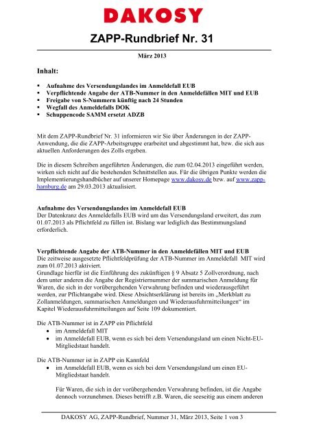 ZAPP-Rundbrief Nr. 31 - DAKOSY Datenkommunikationssystem AG