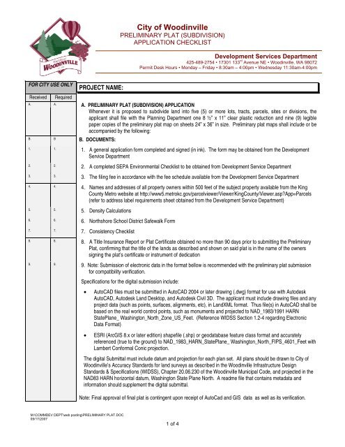 Preliminary Plat Checklist - City of Woodinville