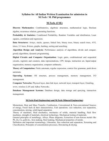 Syllabus for All Indian Written Examination for admission in M.Tech ...