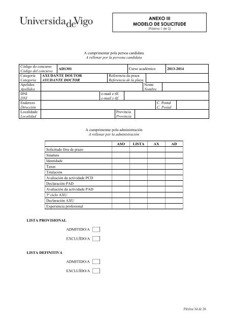 Convocatoria - Servizos de Persoal - Universidade de Vigo