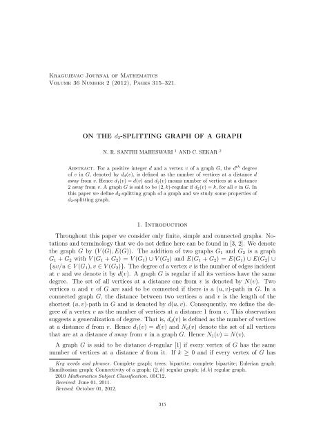 ON THE d2-SPLITTING GRAPH OF A GRAPH 1 ... - Kjm.pmf.kg.ac.rs