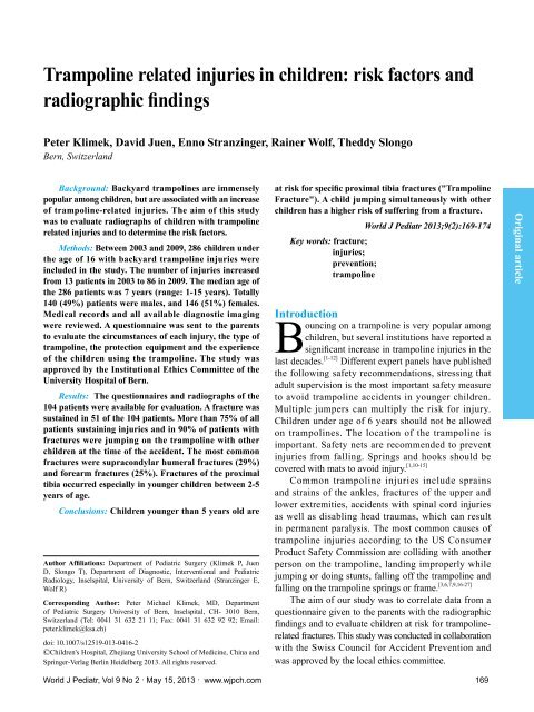 Trampoline related injuries in children - World Journal of Pediatrics