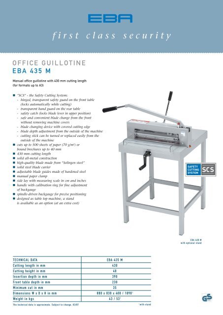 office guillotine EBA 435 M, PDF Data sheet