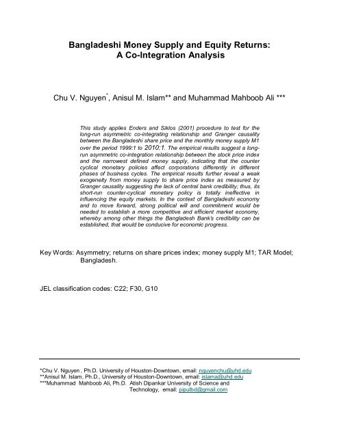 Bangladeshi Money Supply and Equity Returns: A Co-Integration ...